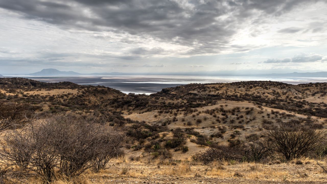 Dry Rift Valley hills running down to the shore of Lake Natron