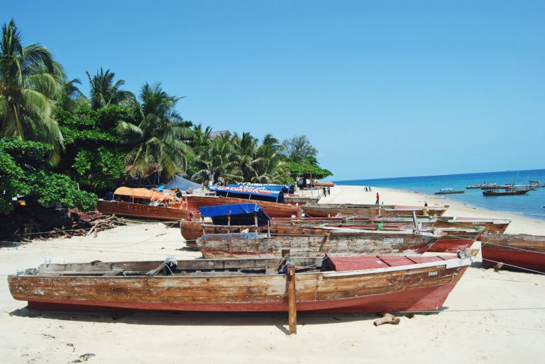Wooden fishing boats pulled up on a white Zanzibar beach under palm trees