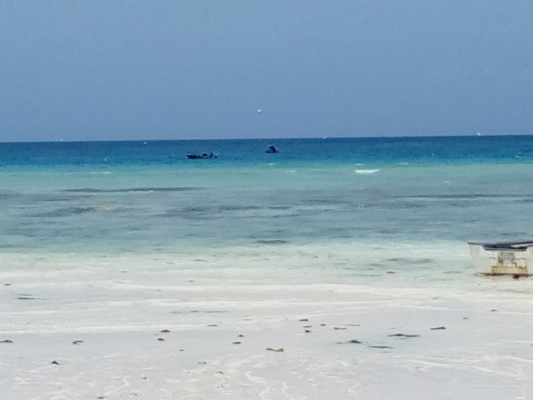 Turquoise shallows and white sand on a Zanzibar beach